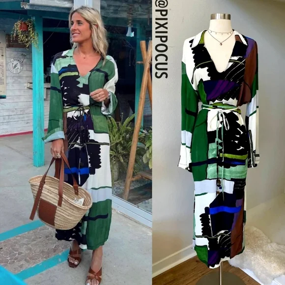 ZARA Green printed tunic kaftan belted mididress - Picture 8 of 8